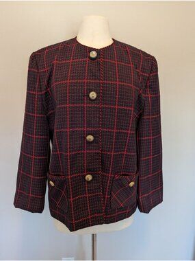 Vintage Blazer Jacket Women’s Black Red Plaid Wool Blend Lined Mature Luxury